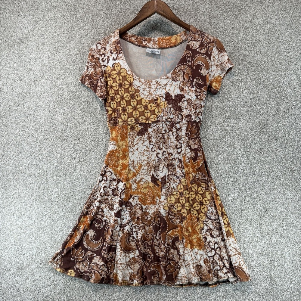 VTG Y2K Whimsigoth Fairycore Stretch Slinky Dress Sm Brown Orange Atomic Age
